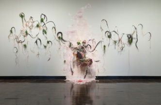 Rina Banerjee, Contagious Migrations, 1999–2023, Incense sticks, kumkum, vaseline, turmeric, Indian blouse gauze, fake fingernails and eyelashes, chalk, foam, feathers, fabric, Spanish moss, light bulbs, wax, Silly Putty, quilting pins, plastic tubing, latex and rubber gloves, acrylic and dry pigment, Dimensions Variable, © Rina Banerjee, Courtesy of the artist and Perrotin