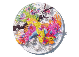 Ran Hwang, Soaring Again_P1, 2022, Paper buttons, beads, crystals, pins on plexiglass 60 x 60 cm, © Ran Hwang, Courtesy the artist and Leila Heller Gallery