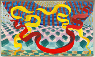 Al Held, Particular Paradox #8, 1999, Watercolor on paper mounted on board, 50 × 83 in. (127 × 210.8 cm), © Al Held, Courtesy the artist and  White Cube Gallery