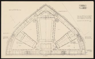 Poelzig Hans (1869-1936), Haus des Rundfunks, Berlin-Charlottenburg: Projekt 1929/30, Grundriss 1. OG (verkleinert). Lichtpause auf Papier, 45,00 x 72,00 cm (inkl. Scanrand). Architekturmuseum der Technischen Universität Berlin Inv. Nr. 4620.