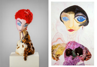 Left: Ursula, Head object, 1971, WV (71/104), Oil on polyester resin, assemblage of fur and feathers, 50x32x25cm, Dietmar / Chr. Schneider, Cologne, © Museum Ludwig, Cologne, Reproduction: Rheinisches Bildarchiv Köln Right: Ursula, C'est moi. Et alors?/That's me. So what?, 1995, WV (95/003), Oil on canvas, fur and feather assemblage, 147x98 cm, Collection Northern Germany, © Museum Ludwig, Cologne, Reproduction: Helge Mundt