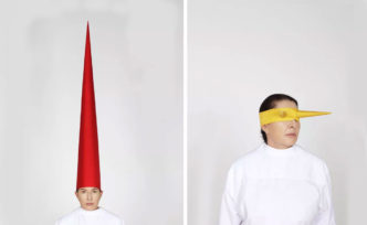 Marina Abramović ENERGY HAT (EYES OPEN), 2021-2022, Photo, Marco Anelli, © Marina Abramović, Courtesy Marina Abramović Archives. Right: Marina Abramović ENERGY MASK 3, 2021/2023, Photo, Marco Anelli, © Marina Abramović, Courtesy Marina Abramović Archives