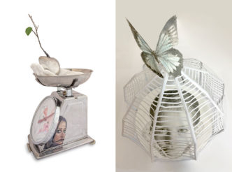 Photo left: Lamprini Boviatsou, How much does love weigh? 2020, Plaster, oil on metal object, pencil and colored pencils on paper, metal heart with a clone, 30 x 24 x 24 cm., © & Courtesy the artist. Right: Ismini Bonatsou, Desire, 2022, 3D construction made of paper and pencil, 30 x 30 x 30 cm., © & Courtesy the artist