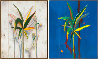 Left: Harold Ancart, Untitled, 2023, Oil stick and pencil on canvas, in artist’s frame, 81 × 71 × 2 ¾ inches (205.7 × 180.3 × 7 cm), © Harold Ancart. Photo: JSP Art Photography, Courtesy the artist and Gagosian. Right: Harold Ancart, The Guiding Light, 2021 Oil stick and pencil on canvas, in artist’s frame, 99 ¼ × 137 ⅜ × 2 ¼ inches (252.1 × 348.9 × 5.7 cm), © Harold Ancart. Photo: JSP Art Photography, Courtesy the artist and Gagosian