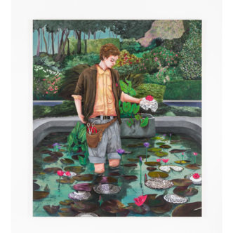 Hernan Bas, Conceptual artist #17 (With the aid of scissors, paper doilies and origami he elevates lily ponds to attract potential princes), 2023, Acrylic on linen, 84 x 72 x 1.5 inches, 213.4 x 182.9 x 3.81 cm, Photo by Silvia Ros, © Hernan Bas, Courtesy the artist and Lehmann Maupin, New York, Hong Kong, Seoul, and London