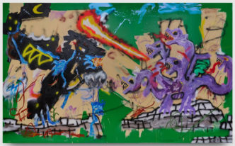 Robert Nava, Battle of Energy Devourers, 2023, Acrylic, mica, crayons, grease pencil, and oil on linen, 105 x 168 in. (266.5 x 426.5 cm), Courtesy the artist, Vito Schnabel Gallery, Pace Gallery, © the artist