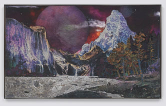 Matthew Day Jackson, Two Moons (after Bierstadt), 2023, wood, acrylic paint, urethane plastic, fiberglass, UV pigment, lead, stainless steel frame, 59-1/2" × 98-3/4" × 2" (151.1 cm × 250.8 cm × 5.1 cm), © Matthew Day Jackson, Courtesy the artis and Pace Gallery