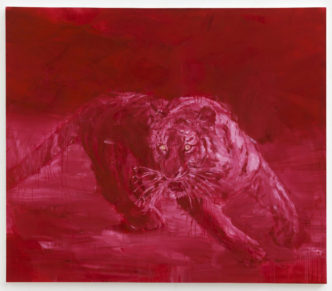 Yan Pei-Ming, Tigre rouge vermillion de Chine 2023, oil on canvas, 240 × 280 cm Courtesy MASSIMODECARLO and Thaddaeus Ropac gallery, Photography: Clérin-Morin, © Yan Pei-Ming, ADAGP, Paris, 2023