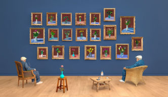 David Hockney assisted by Jonathan Wilkinson, 25th June 2022, Looking at the Flowers (Framed), 2022, Photographic drawing printed on 5 sheets of paper, mounted on 5 sheets of Dibond, 299.7 x 518.2 cm, Collection of the artist © David Hockney assisted by Jonathan Wilkinson