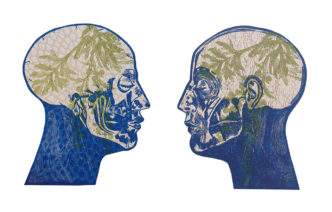 Ioannis Monogyios, Heads, 2023, Linocut on wood, 48 Χ 74 cm, © & Courtesy the artist