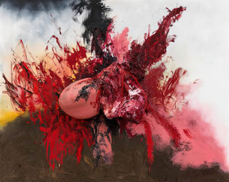 Anish Kapoor, In-between, 2021, Oil, fibreglass and silicone on canvas , 244 x 305 x 62 cm, © Anish Kapoor. All rights reserved DACS/SACK, 2023 Photo: Dave Morgan, Image provided by Kukje Gallery