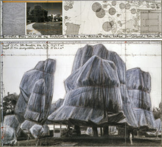 Christo, Wrapped Trees (Project for the Fondation Beyeler and Berower Park, Riehen, Switzerland), 1998, Graphite, charcoal, pastel, wax crayon, photograph by Wolfgang Volz, map, fabric sample, and kraft paper, on paper, in 2 parts, Top: 15 x 65 inches (38 x 165 cm), Bottom: 42 x 65 inches (106.6 x 165 cm), © Christo and Jeanne-Claude Foundation, Photo: Wolfgang Volz, Courtesy Christo and Jeanne-Claude Foundation and Gagosian