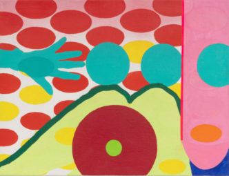 Kiki Kogelnik, Untitled (Pink Bomb), c. 1964, Oil and acrylic on canvas, 20 x 26 1/4 in. 50.8 x 66.7 cm, © Kiki Kogelnik Foundation, Courtesy Kiki Kogelnik Foundation & Art Museum Brandts