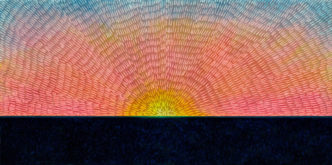 Jennifer Guidi, Bright Horizon (Painted Sand Horizon SF #3P, Blue-Pink-Orange-Yellow Sunrise Gradient), 2021, sand, acrylic, and oil on linen, 40 x 80 x 1 1/2 inches (101.6 x 203.2 x 3.8 cm), © Jennifer Guidi, Courtesy the artist, David Kordansky Gallery & Orange County Museum of Art (OCMA)