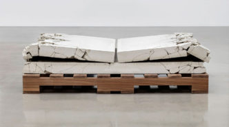 Analia Saban, Folded Concrete (Gate Fold), 2017, Concrete on walnut pallet, 33 x 127 x 94 cm, 13 x 50 x 37 inches, © Analia Saban, courtesy the artist and Sprüth Magers Gallery