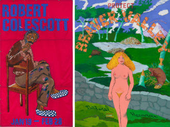 Photo left: Robert Colescott, Untitled, c. 1988, Acrylic and grommets on nylon ripstop, 127 1/4 x 72 inches, Photo: Hannah Mjølsnes, © The Robert H. Colescott Separate Property Trust / Artists Rights Society (ARS), New York. Right: Robert Colescott, PROTECT BEAVER VALLEY, c. 1972, Acrylic on canvas, 78 x 59 x 1 1/2 inches, Photo: Hannah Mjølsnes, © The Robert H. Colescott Separate Property Trust / Artists Rights Society (ARS), New York