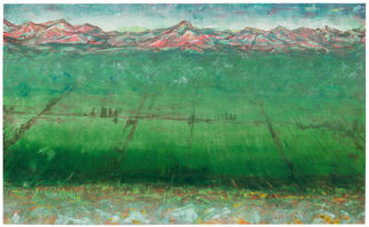 Andriu Deplazes, Grünliche Weite (Greenish vastness), 2023, Oil on paper (monotype), 64.5 x 100.5 cm, (25 ½ x 39 ½ in.), 73 x 113.5 cm (28 ¾ x 44 ¾ in.), framed, © Andriu Deplazes, Courtesy the artist and Galerie Peter Kilchmann