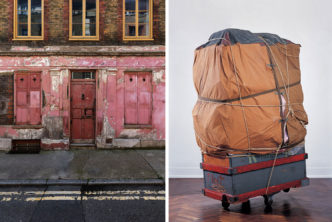 Photo Left: Exterior view, 4 Princelet Street, London E1 6QH, Photo: Lucy Dawkins, Courtesy Gagosian. Photo Right: Christo, Dolly, 1964, Wood crate on casters, tarpaulin, polyethylene, fabric, ropes, and straps, 72 1/16 x 39 15/16 x 32 1/4 inches (183 x 101.5 x 82 cm), © Christo and Jeanne-Claude Foundation, Photo: Eeva-Inkeri, Courtesy Christo and Jeanne-Claude Foundation and Gagosian