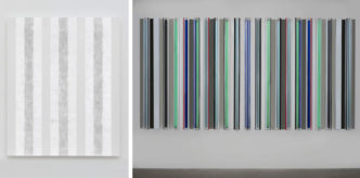 Photo left: Robert Irwin, SWEETNESS, 2023, Shadow + Reflection + Color, 182.9 cm × 404.5 cm × 10.8 cm © Robert Irwin / Artists Rights Society (ARS), New York. Photo right: Mary Corse, Untitled (White Multiband with White Sides, Beveled), 2023, acrylic and glass microspheres on canvas, 243.8 cm × 198.1 cm × 11.4 cm, © Mary Corse