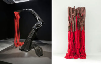 Photo Left: Barbara Chase-Riboud, Josephine Red/Black, 2021, Black patina bronze with red cord, 150 x 130 x 190 cm / 59 x 51.18 x 74.8 in, © Barbara Chase-Riboud, Photo: Jo Underhill, Courtesy the artist and Hauser & Wirth Gallery. Photo Right: Barbara Chase-Riboud, Malcolm X #16, 2016, Bronze with red patina, silk, wool, polished cotton and synthetic fibers with, Courtesy the artist and Hauser & Wirth Gallery