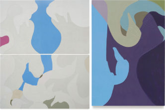 Left: Gary Hume, Wild Horses One 2023, Enamel paint on aluminum in two parts, 114⅛ × 94⅛ inches; 290 × 239 cm, © Gary Hume, Courtesy the artist and Matthew Marks Gallery. Right: Gary Hume, Oil on Water 2023, Enamel paint on aluminum, 27 × 18¾ inches; 69 × 48 cm, © Gary Hume, Courtesy the artist and Matthew Marks Gallery