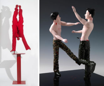 Photo left: George-Lappas, Acrobat, 2013, metal and fabric,210 x 55-x 30 cm. Courtesy CITRONNE-Gallery. Photo right: Panagiotis Lambrinidis, Untitled, 2010, painted metal & mixed materials, 30 x 30 x 30 x 30 cm