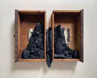 Lucia Tallová, From the series “Mountain Between Us'', Object, old drawer, old photography and coal, 56 x 50 x 10 cm, 2023