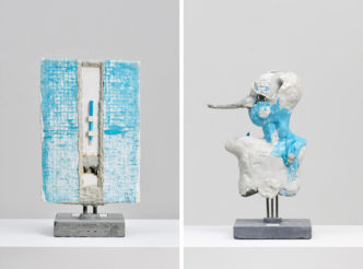 Photo left: David Altmejd, La fumée, 2024, concrete, steel, foam, epoxy clay, epoxy gel, acrylic paint, pencil, colored pencil, glass, rhinestones, wood, and mechanical pencil, 23 x 13 1/4 x 12 inches (58.4 x 33.7 x 30.5 cm), © David Altmejd, Courtesy the artist and David Kordansky Gallery. Photo right: David Altmejd, Sans titre, 2024, concrete, steel, foam, epoxy clay, epoxy gel, resin, acrylic paint, pencil, colored pencil, and mechanical pencil, 26 1/2 x 16 1/4 x 12 inches (67.3 x 41.3 x 30.5 cm), © David Altmejd, Courtesy the artist and David Kordansky GalleryPhoto left: David Altmejd, La fumée, 2024, concrete, steel, foam, epoxy clay, epoxy gel, acrylic paint, pencil, colored pencil, glass, rhinestones, wood, and mechanical pencil, 23 x 13 1/4 x 12 inches (58.4 x 33.7 x 30.5 cm), © David Altmejd, Courtesy the artist and David Kordansky Gallery. Photo right: David Altmejd, Sans titre, 2024, concrete, steel, foam, epoxy clay, epoxy gel, resin, acrylic paint, pencil, colored pencil, and mechanical pencil, 26 1/2 x 16 1/4 x 12 inches (67.3 x 41.3 x 30.5 cm), © David Altmejd, Courtesy the artist and David Kordansky Gallery