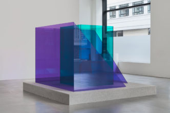 Larry Bell, The Blue Gate, 2021, Peacock and Amethyst laminated non-tempered glass, 182.9 x 243.8 x 243.8 cm / 72 x 96 x 96 in, Photo: Nicolas Brasseur, © Larry Bell, Courtesy the artist and Hauser & Wirth Gallery