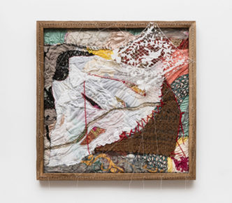 Sonia Gomes, Anjo caído (Tear series), 2024, stitching, bindings, various fabrics and ropes, wood, nails, lace, 193 x 100 x 7 cm, 76 x 39 3/8 x 2 3/4 in, Courtesy of the artist and Mendes Wood DM, São Paulo, Brussels, Paris, New York, Photo credit: Ding Musa