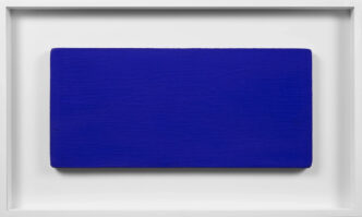 Yves Klein , Monochrome bleu sans titre (ikb 231), 1959, Dry pigment and synthetic resin on linen mounted on panel, Work: 11⅝ × 25 9⁄16 inches (29.5 × 65 cm), Courtesy Lévy Gorvy Dayan Gallery