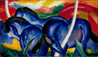 Franz Marc, Die grossen blauen Pferde (The Large Blue Horses), 1911, oil on canvas, 41-5/8 x 71-5/16 inches unframed, Walker Art Center Collection, Gift of the T. B. Walker Foundation, Gilbert M. Walker Fund, 1942, Courtesy Walker Art Center