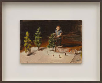 Michaël Borremans, The Gardener, 2023, Oil on wood panel, 7 7/8 x 11 3/8 inches (20 x 29 cm), Framed: 15 1/4 x 18 5/8 inches (38.9 x 47.4 cm), Signed, titled, dated, and inscribed verso, © Michaël Borremans , Courtesy the artist and David Zwirner Gallery