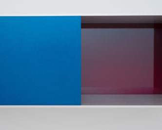 Donald Judd, Untitled, 1991, detail, Clear and turquoise anodized aluminum with blue over red plexiglass, 9 7/8 x 39 3/8 x 9 7/8 inches (25 x 100 x 25 cm), © Judd Foundation/Artists Rights Society (ARS), New York, Photo: Maris Hutchinson, Courtesy Gagosian