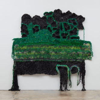 Moffat Takadiwa, The Occupation of Land, 2019, Found computer keys, toothbrushes, and plastic bottle tops, 304,8 x 365,7 x 17,8 cm, Courtesy of the artist and Nicodim Gallery, Los Angeles/Bucharest; photo: Lee Tyler Thompson