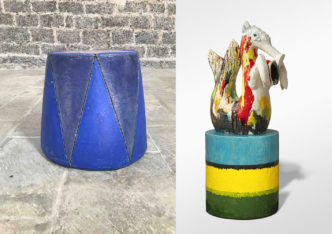 Left: Johan Creten, Point d'observation - Cirque bas 7, 2022 – 2023, Glazed stoneware, 45 cm, Ø 40 cm | 17 11/16 inch, Ø 15 3/4 inch, Unique, © Johan Creten, Courtesy the artist and Perrotin Gallery Right: Johan Creten, Gigolo Falling off a cliff, 2021 – 2023, Glazed stoneware, Overall dimensions : 183 × 70 × 86 cm | 72 1/16 × 27 9/16 × 33 1/4 inch, Sculpture : 104 × 37 × 86 cm | 40 15/16 × 14 9/16 × 33 1/4 inch, Pedestal : 79 cm, Ø 70 cm | 31 1/8 inch, Ø 27 9/16 inch, Unique, © Johan Creten, Courtesy the artist and Perrotin Gallery