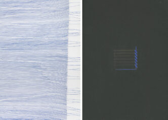 Photo left: Ulla Hase, Multiple silences, 2023, Rollerpen on paper, © Ulla Hase, Courtesy the artist and Boghossian Foundation. Photo right: Younes Zarhoni, What do we see when we see black // WDWSWWSB, 2023, Colored pencils, pastels and ink on paper, © Younes Zarhoni, Courtesy the artist and Boghossian Foundation