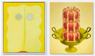 Photo Left: Huguette Caland, Untitled (Bribes de corps), 1978, Oil on linen, 72,4 x 59,7 cm, © Huguette Caland, Courtesy the artist and Esther Schipper Gallery. Photo Right: Pia Krajewski, Auf dem Silbertablett, 2024, Oil on canvas, 180 x 150 cm, © Pia Krajewski, Courtesy the artist and Esther Schipper Gallery