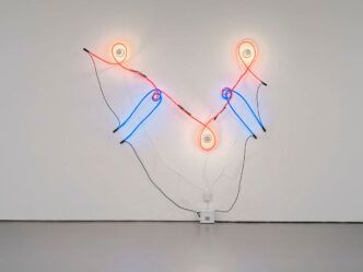 Keith Sonnier, Neon Incandescent VI, 1968, argon and neon tubes, porcelain fixtures, incandescent bulbs, light switch, transformer, and electrical wire, 105 x 104 x 8 inches (266.7 x 264.2 x 20.3 cm), © 2024 Keith Sonnier / Artists Rights Society (ARS), New York, Courtesy the artist and David Kordansky Gallery