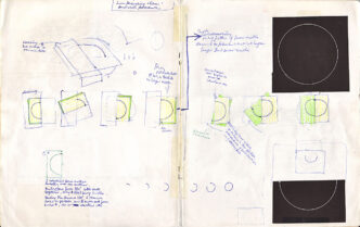 Anthony McCall, spread from notebook 66 (1973.07.10-1973.08.21) showing the making of Line Describing a Cone. Courtesy of the artist, Sprüth Magers, and Sean Kelly New York