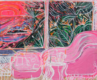 Thomas Houseago, Treehouse Sunset (my bedroom), 2024, Acrylic on canvas, 19 7/8 x 24 x 2 1/4 inches, Photo: Hannah Mjølsnes, © Thomas Houseago, Courtesy the artist and Blum Gallery