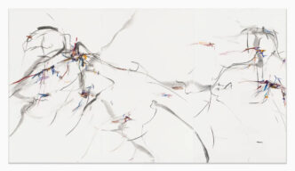 Xiyao Wang, Zhuangzi Dreaming of Becoming a Butterfly No. 3, 2023, Oil stick, charcoal on canvas, 250 × 450 × 3 cm, 98 1/2 × 177 1/4 × 1 1/4 inches, © Xiyao Wang, Courtesy the artist and Massimodecarlo Gallery