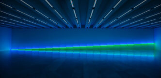 Dan Flavin, untitled (to my dear bitch, Airily) 2, 1984, blue and green fluorescent light, 244 x 20 x 61 cm, © Stephen Flavin / 2024, ProLitteris, Zurich, Creditline: The Dan Flavin Estate, Courtesy David Zwirner, Photo Credit: Florian Holzherr