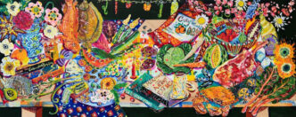 Kate Pincus Whitney, To Live and To Dine in LA/ You Taste Like Home: Wednesday Farmers Market (From Tutti Fruiti to Pollan) or The Times They Are A’ Changing’, 2024, Acrylic, Polycolor, Incising and Gouache on Wooden “Door” Panel, 32 x 80 inches / 81.3 x 203.2 cm, © Kate Pincus Whitney, Courtesy the artist and Anat Ebgi Gallery