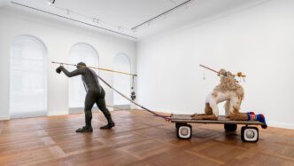 Nicole Eisenman, Perpetual Motion Machine, 2019, Bronze, plaster and mixed media, Figure 1: 284.5 x 142.2 x 335.3 cm / 112 x 56 x 132 in, Figure 2: 243.8 x 304.8 x 182.9 cm / 96 x 120 x 72 in, © Nicole Eisenman, Photo: Nicolas Brasseur, Courtesy the artist and Hauser & Wirth Gallery