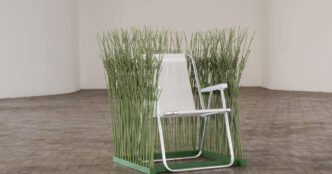 Rochelle Costi, Moita, 2019, artificial plant stems, punched wooden slats beach chair, 90 x 68 x 60 cm [35 3/8 x 26 3/4 x 23 5/8 in], photo: Camila Svenson, Courtesy the artist and Luisa Strina Gallery