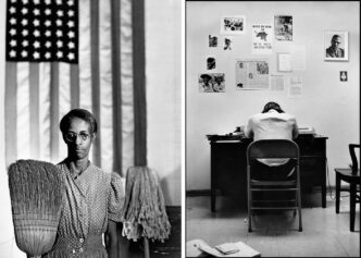 Photo Left: Gordon Parks, American Gothic, Washington D.C., 1942, gelatin silver print, 17-3/8" × 12-1/2" (44.1 cm × 31.8 cm), image 19-7/8" × 15-15/16" (50.5 cm × 40.5 cm), paper 26-1/4" × 21-1/8" × 1-1/4" (66.7 cm × 53.7 cm × 3.2 cm), frame. Courtesy Gordon Parks Foundation and Pace Gallery. Photo Right: Gordon Parks, Stokely Carmichael in SNCC Office, Atlanta, Georgia, 1967, gelatin silver print, 22" × 15-1/8" (55.9 cm × 38.4 cm), image 24" × 20" (61 cm × 50.8 cm), paper 31" × 23-1/2" × 1-1/4" (78.7 cm × 59.7 cm × 3.2 cm), frame. Courtesy Gordon Parks Foundation and Pace Gallery