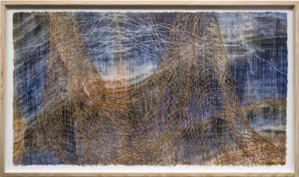 Teresita Fernández, Stella Maris(Net) 2, 2024, Handmade paper with UV-cured acrylic ink and handwoven fibers, 53 x 90.5 x 2.75 inches (framed dimensions), 134.62 x 229.87 x 134.62 x 6.98 cm, Photo by Daniel Kukla, © Teresita Fernández, Courtesy the artist and Lehmann Maupin Gallery