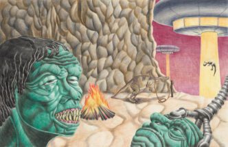 Chen Sixin, The First Contact, 2023, colored pencil on paper, 49.5 x 76.5 cm (drawing), 50.5 x 77.5 cm (framed) , © Chen Sixin, Courtesy the artist and Galerie Urs Meile