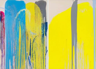 Left: John M Armleder, Obstruction K’uei / Opposition, 2024, Mixed media on canvas, 145 x 100 x 4 cm, 57 x 39 1/2 x 1 1/2 in, © John M Armleder, Courtesy the artist and Almine Rech Gallery Right: John M Armleder, Hsien / Influence, 2024, Mixed media on canvas, 145 x 100 x 4 cm, 57 x 39 1/2 x 1 1/2 in, © John M Armleder, Courtesy the artist and Almine Rech Gallery